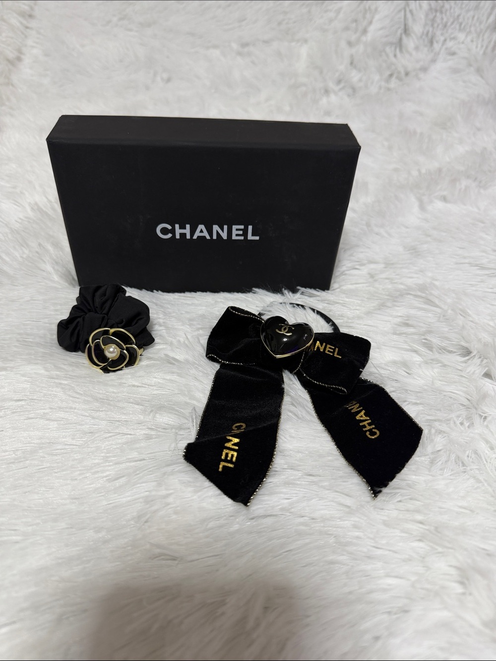 CHANEL Black Velvet Logo Bow and Camellia Hair Set with Gold Accents
